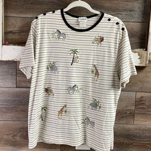 BonWorth Ladies Pullover Top, Embroidered Safari Animals,White,Black,Tan Stripes - Picture 1 of 11
